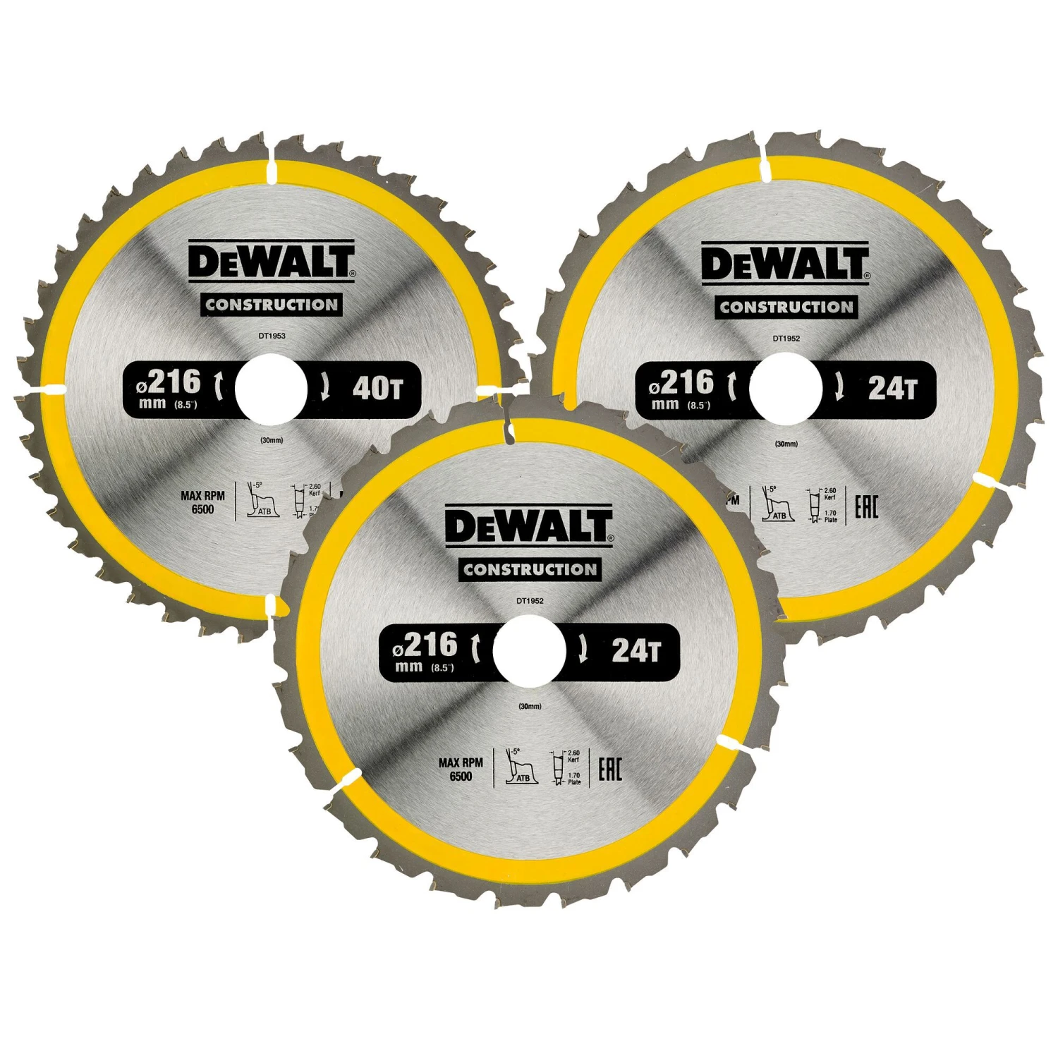 DeWalt Circular Saw Blade Set DT1962-QZ (Dia)216mm, Pack Of 3 3 DeWalt Circular Saw Blade Set DT1962-QZ (Dia)216mm, Pack Of 3